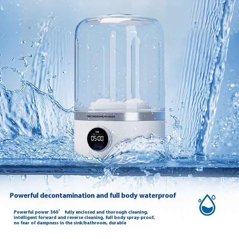 Portable washing machine with water splashes and text highlighting features on a blue background