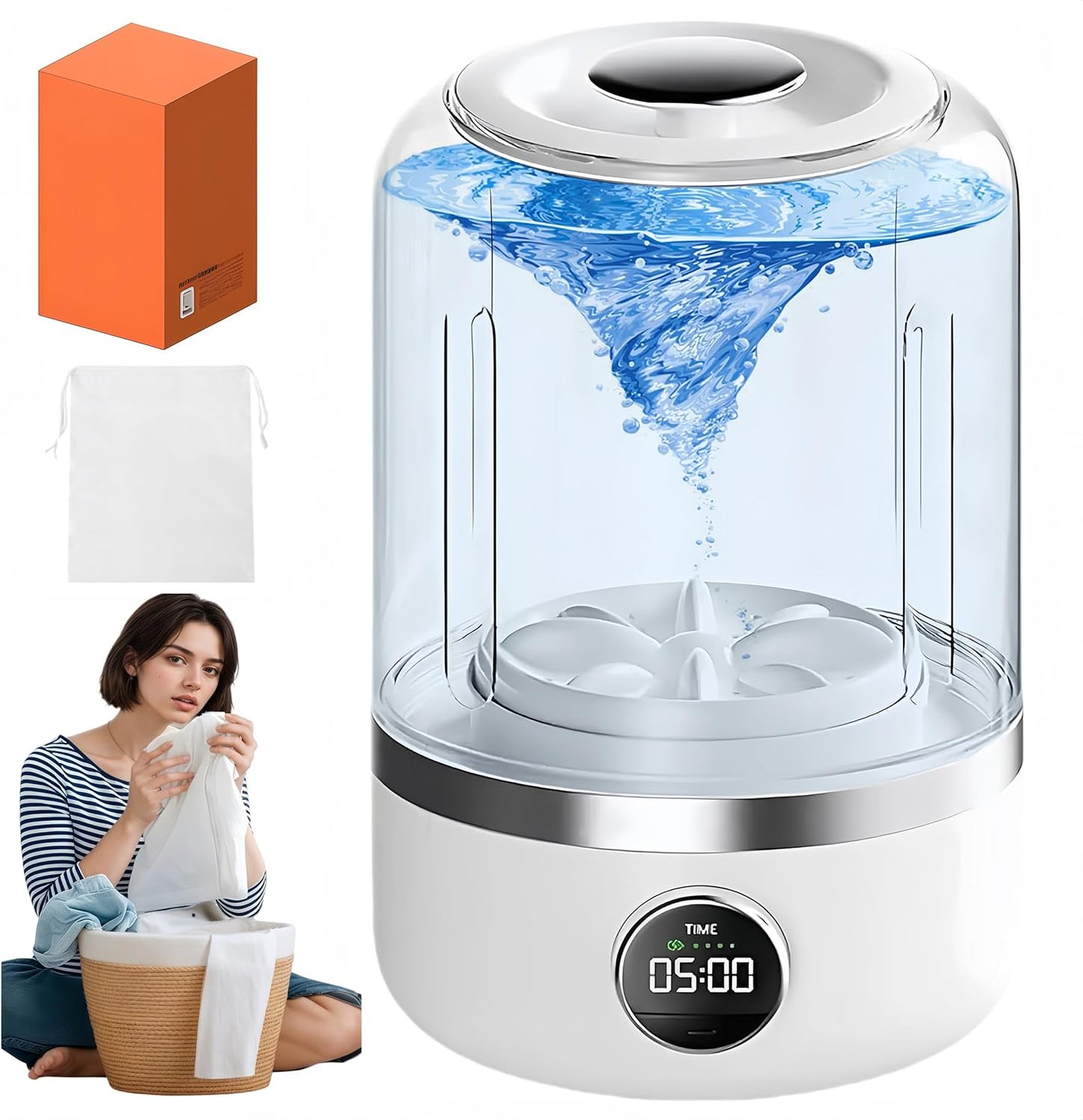 EDGAB mini washing machine with digital display, woman with laundry, and orange box on a white background