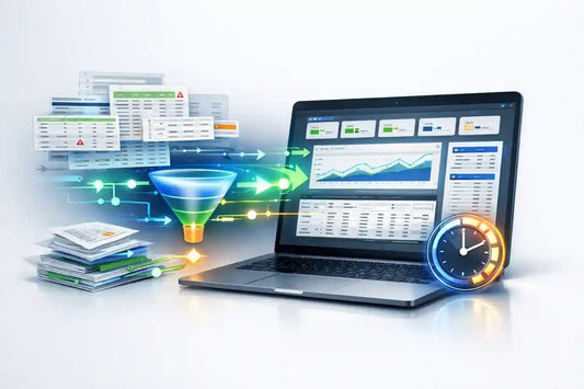 Course cover showing messy spreadsheet data transforming into an automated Excel reporting dashboard with KPI cards, charts, and Power Query workflow visuals