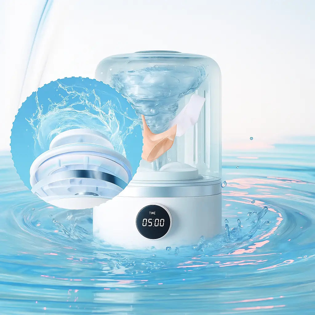 White electronic washing machine with water droplet and digital display on a blue water background