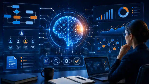 AI for Business Analysts course cover showing artificial intelligence, business workflows, dashboards, requirements analysis, and digital process mapping