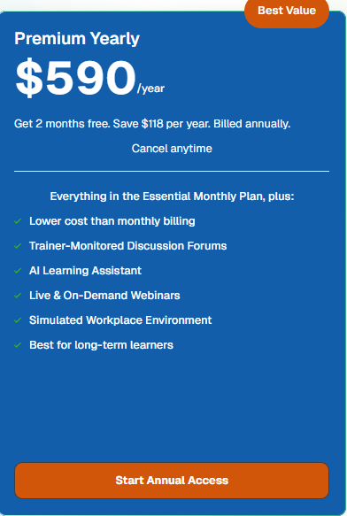 Premium yearly subscription offer of EDGAB Academy with pricing and benefits listed on a blue background