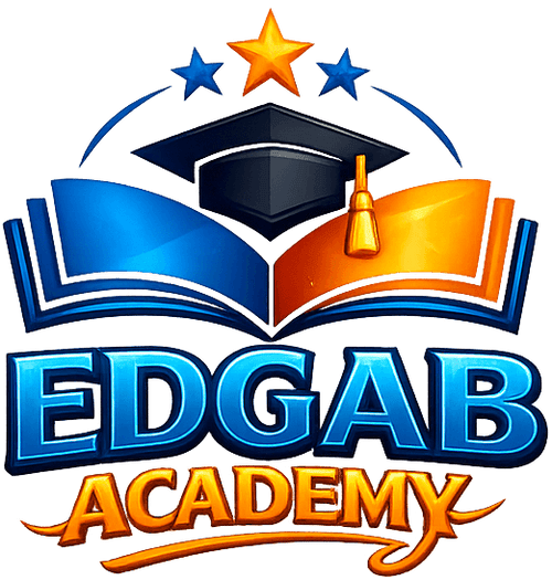 EDGAB Academy logo with graduation cap, books, and stars on a dark background