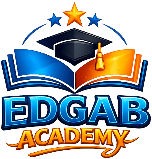 EDGAB Academy logo with graduation cap, books, and stars on a dark background