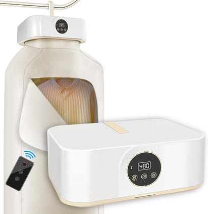 Compact Foldable Portable Clothes Dryer with digital display and remote control on a white background