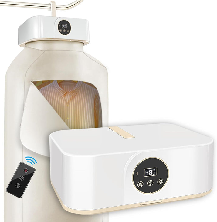 Compact Foldable Portable Clothes Dryer with digital display and remote control on a white background