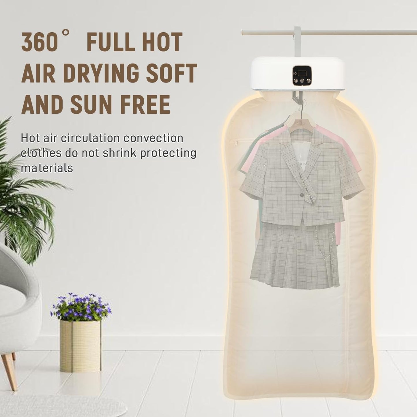 Hot air clothes dryer with a suit inside, surrounded by minimal decor.