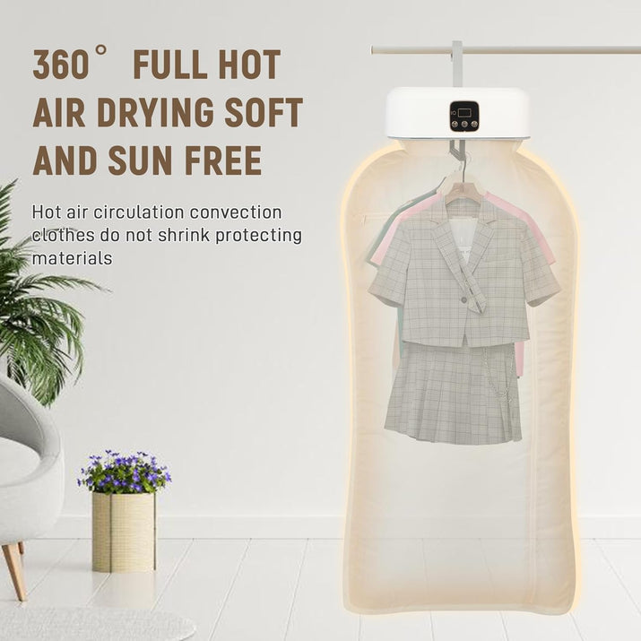Hot air clothes dryer with a suit inside, surrounded by minimal decor.