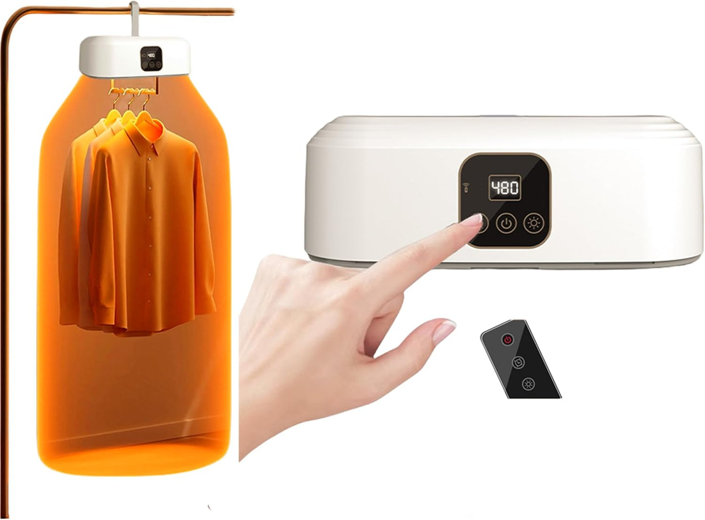 Orange hanging dryer with a hand pressing a button on a white appliance, with a remote control on a white background.