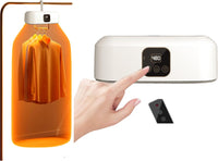 Orange hanging dryer with a hand pressing a button on a white appliance, with a remote control on a white background.