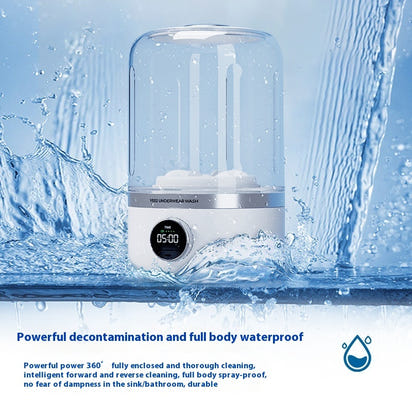 Portable washing machine with water splashes and text highlighting features on a blue background