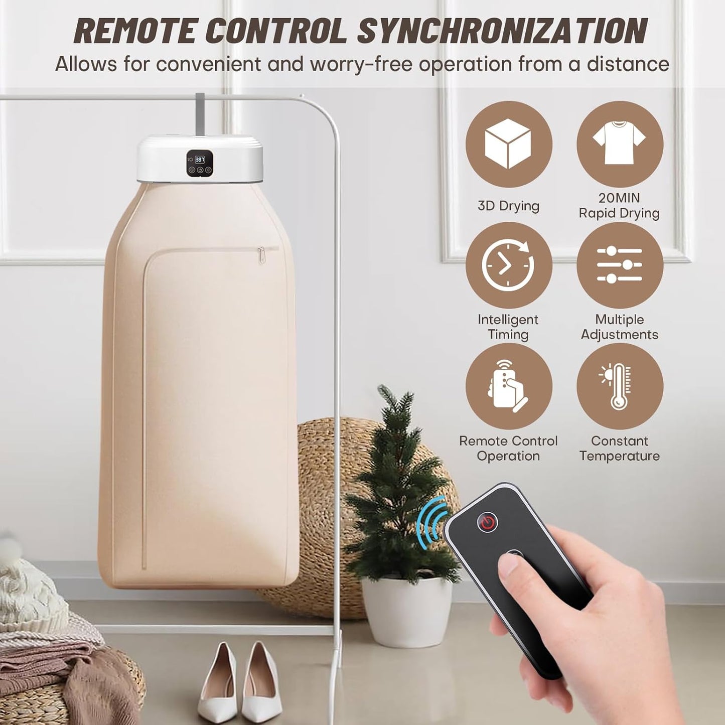 Remote control synchronization for an EDGAB drying machine with features listed on a wall.