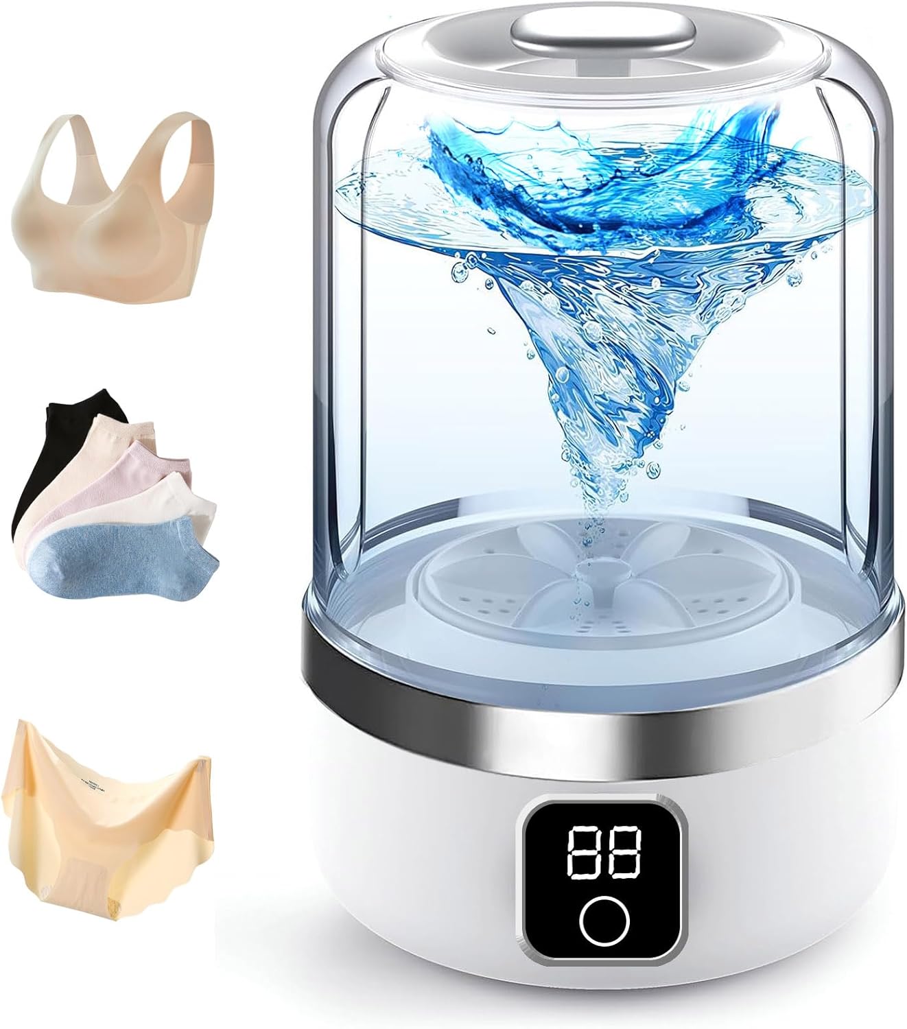 EDGAB mini washing machine with digital display on a white background, showing water droplets and small fabric items.