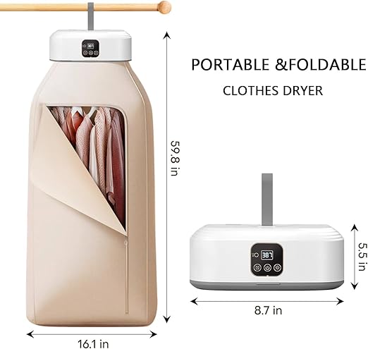 Portable and foldable clothes dryer with dimensions displayed