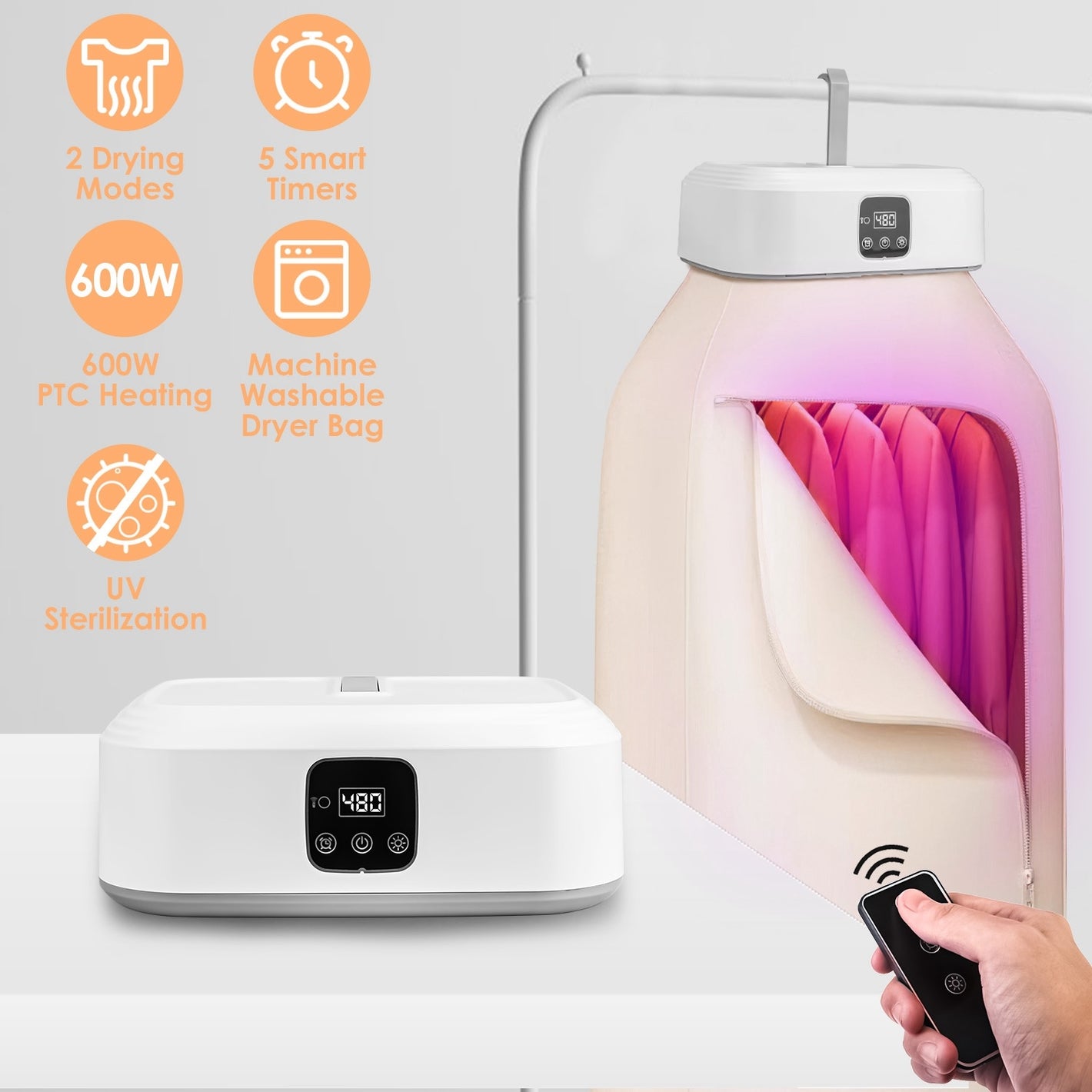 White electronic dryer with digital display, remote control, and features listed on a light gray background.