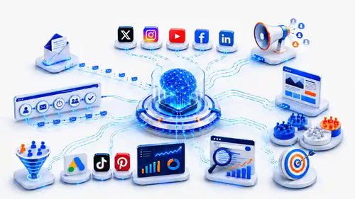 AI digital marketing automation course showing a no-code campaign system for content, lead capture, email follow-up, analytics, and optimization