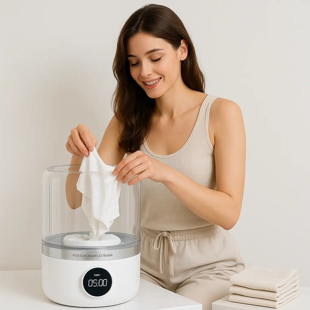 Woman using a white electronic edgab laundry machine with a stack of folded clothes nearby.