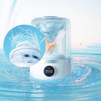 White electronic washing machine with water droplet and digital display on a blue water background